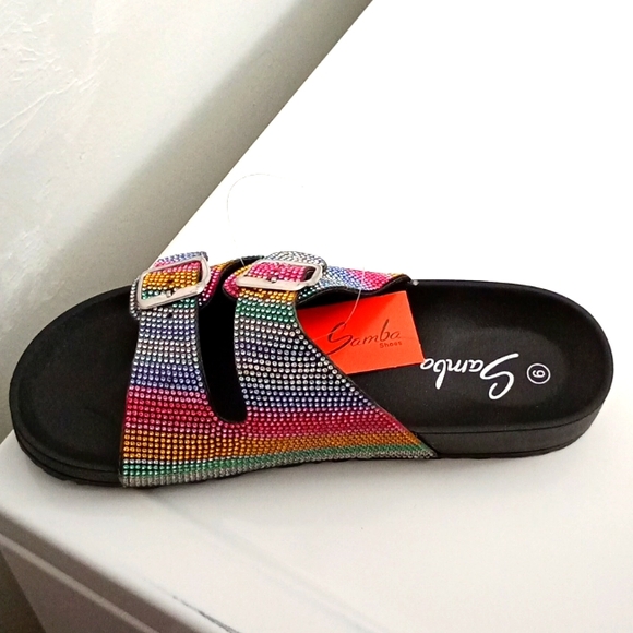NEW Rhinestone Multicolor Red Sandals - Picture 5 of 8